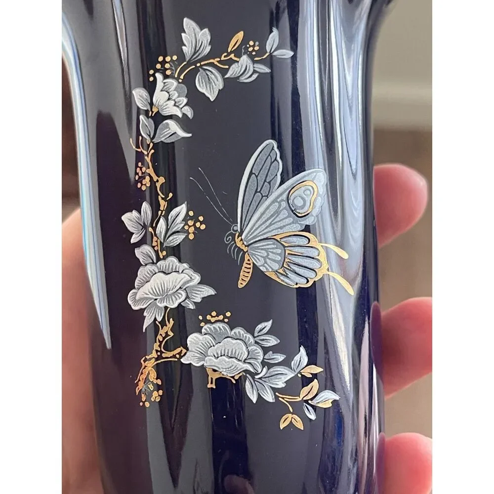 VTG Limoges France Cobalt Blue & Gold Butterfly Floral Vase Diffuse Par Valette